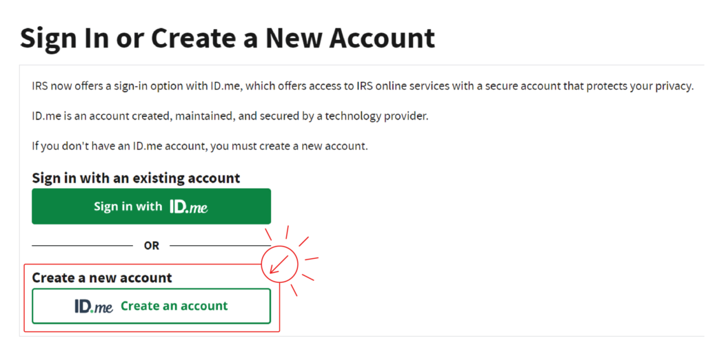 Screenshot of the Sign in or Create New Account with ID.me