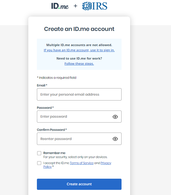 Screenshot of Create an ID.me account